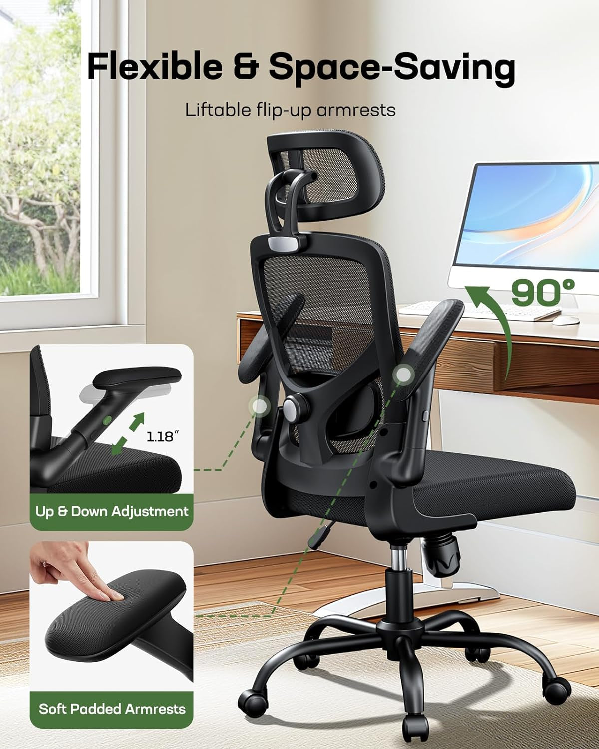 Detailed view of chair's lumbar support and adjustable features