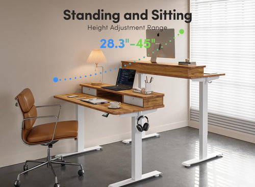 DeskCraft standing desk in raised position with home office setup