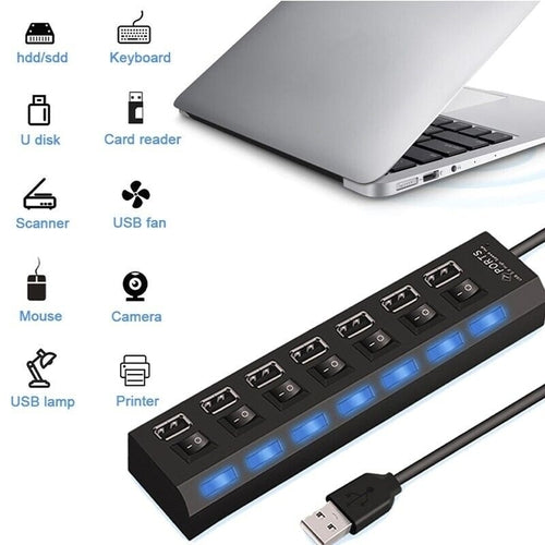 Close-up of USB hub ports and LED indicators for home workspace