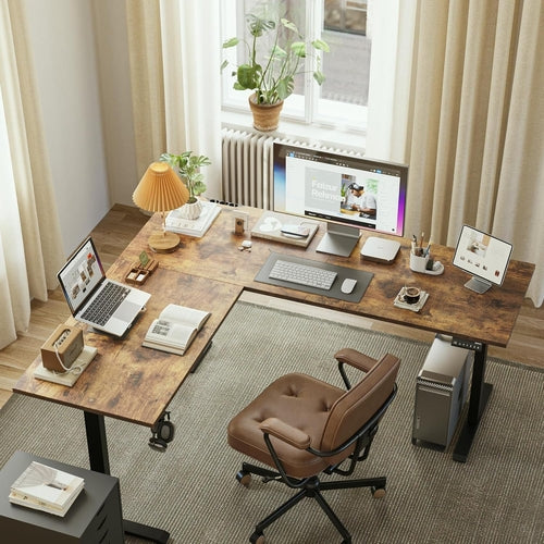 Close-up of Rustic Brown Desk Surface and Sturdy Steel Frame