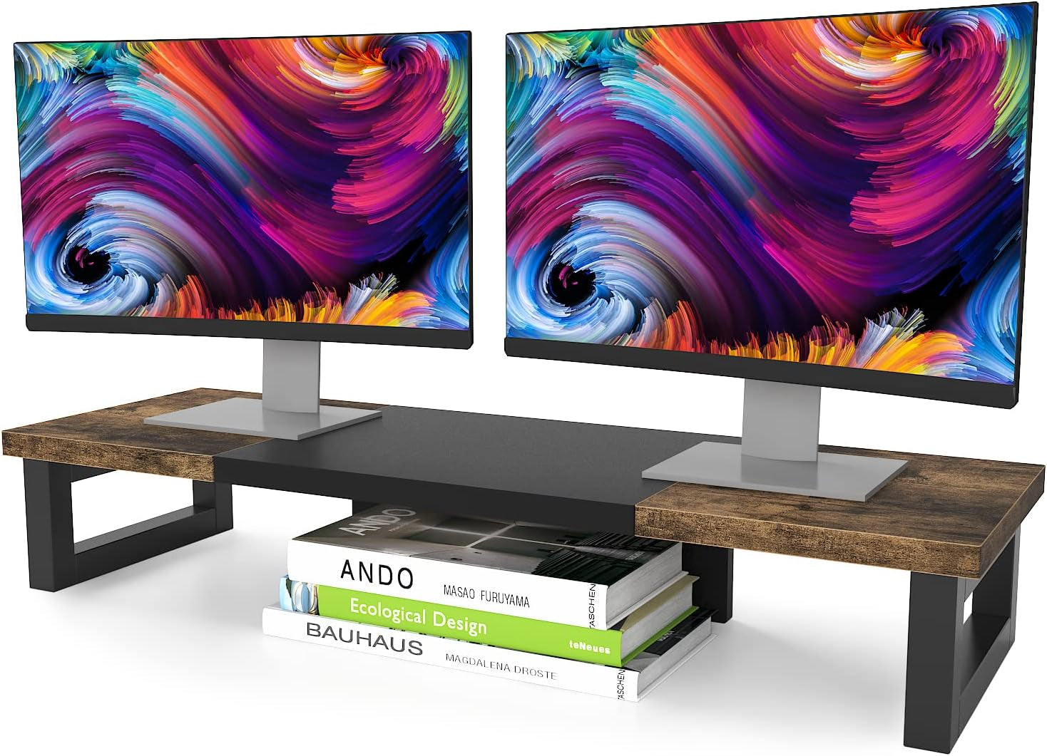 Dual Monitor Stand Side Angle - Sleek Wood and Steel Design by DeskCraft