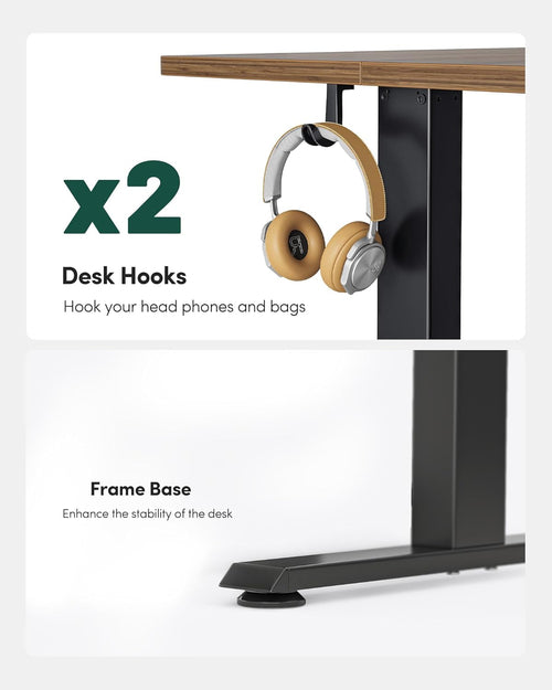 Detailed view of desk's sturdy frame and integrated cable management system