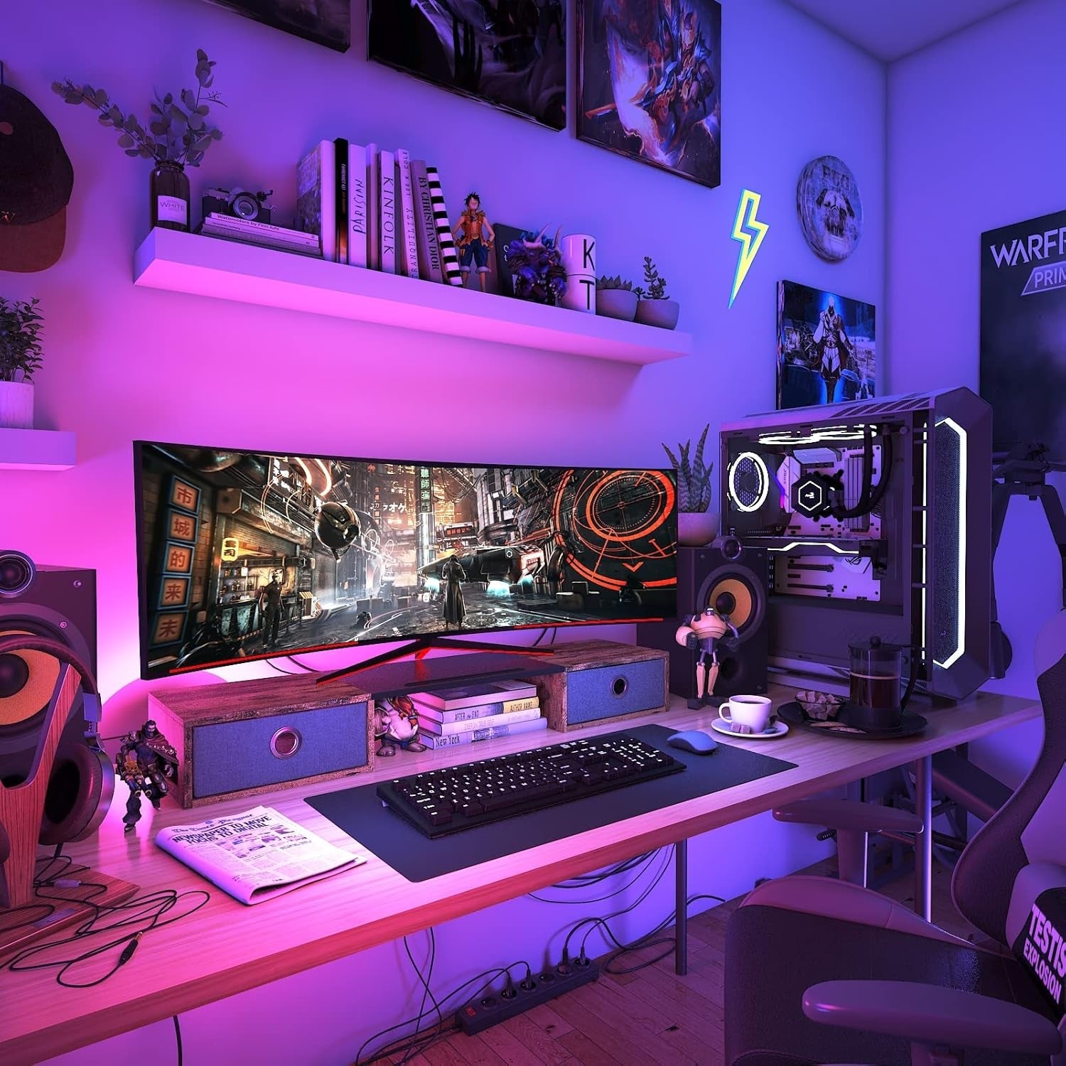 Rear view of dual monitor stand with cable management features