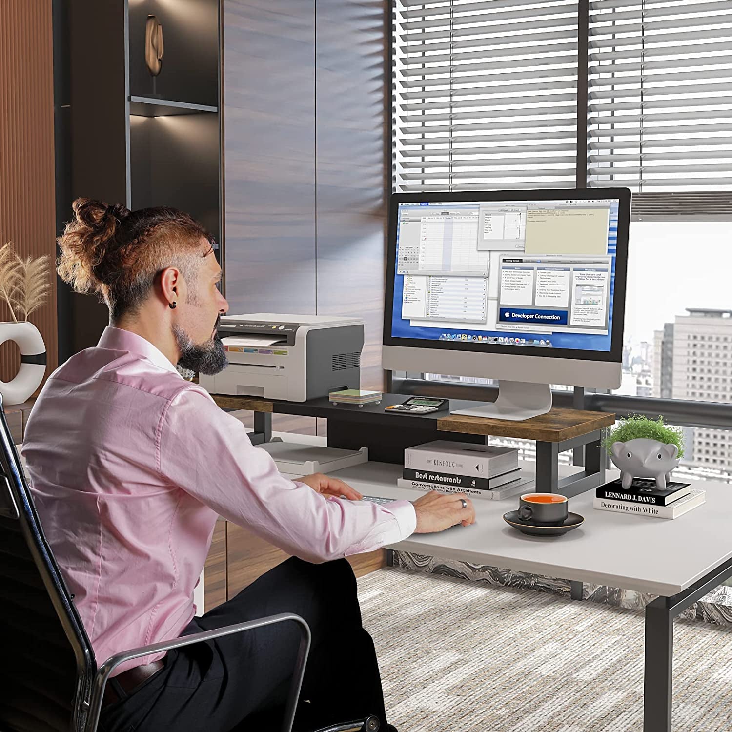 DeskCraft Dual Monitor Riser Wood & Steel - Premium Home Office Monitor Stand