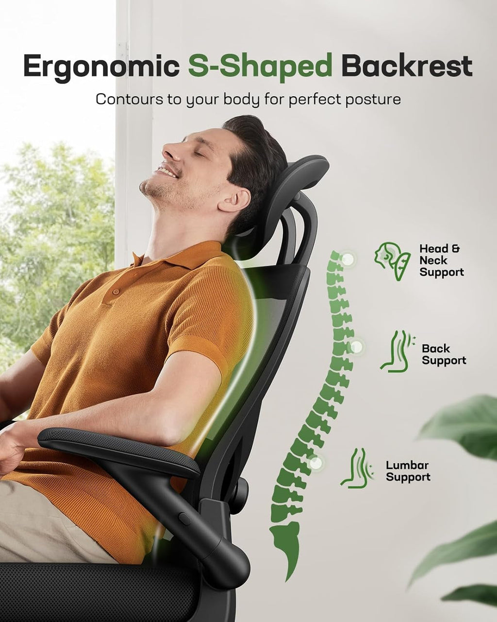 Close-up of chair's ergonomic design and professional mesh material