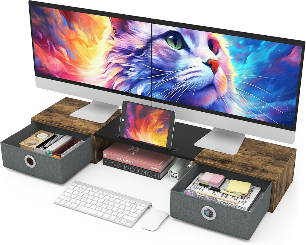 Side angle of DeskCraft monitor stand showing drawer storage functionality