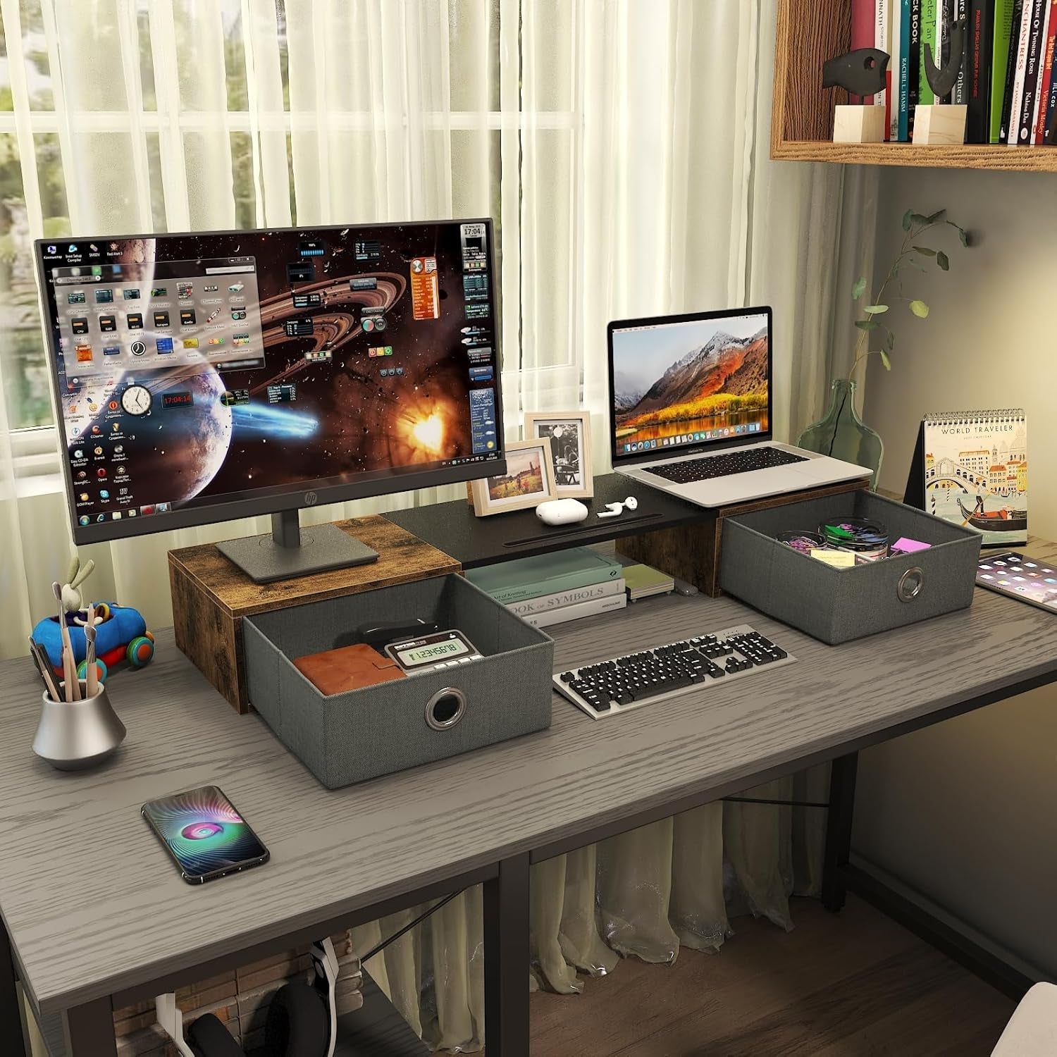 DeskCraft monitor stand in modern home office workspace