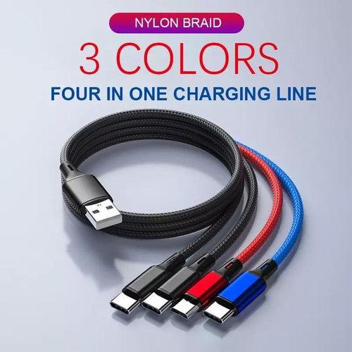 Close-up of braided multi-connector charging cable for desk setup