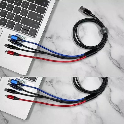 DeskCraft charging cable showing USB-A, USB-C, Micro USB, and Lightning tips