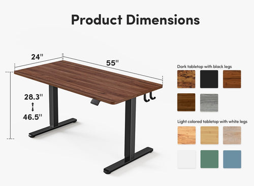 Side angle view of DeskCraft standing desk showing sleek black walnut wood surface