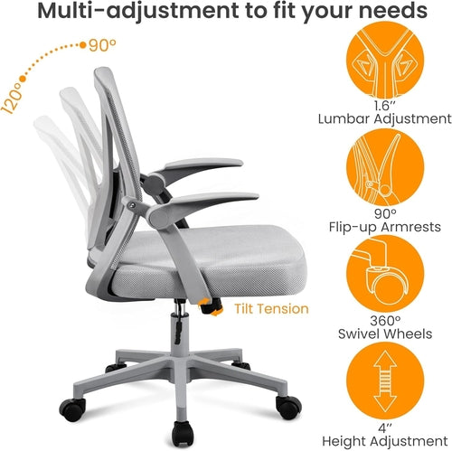 Ergonomic desk chair demonstrating full range of motion and adjustability