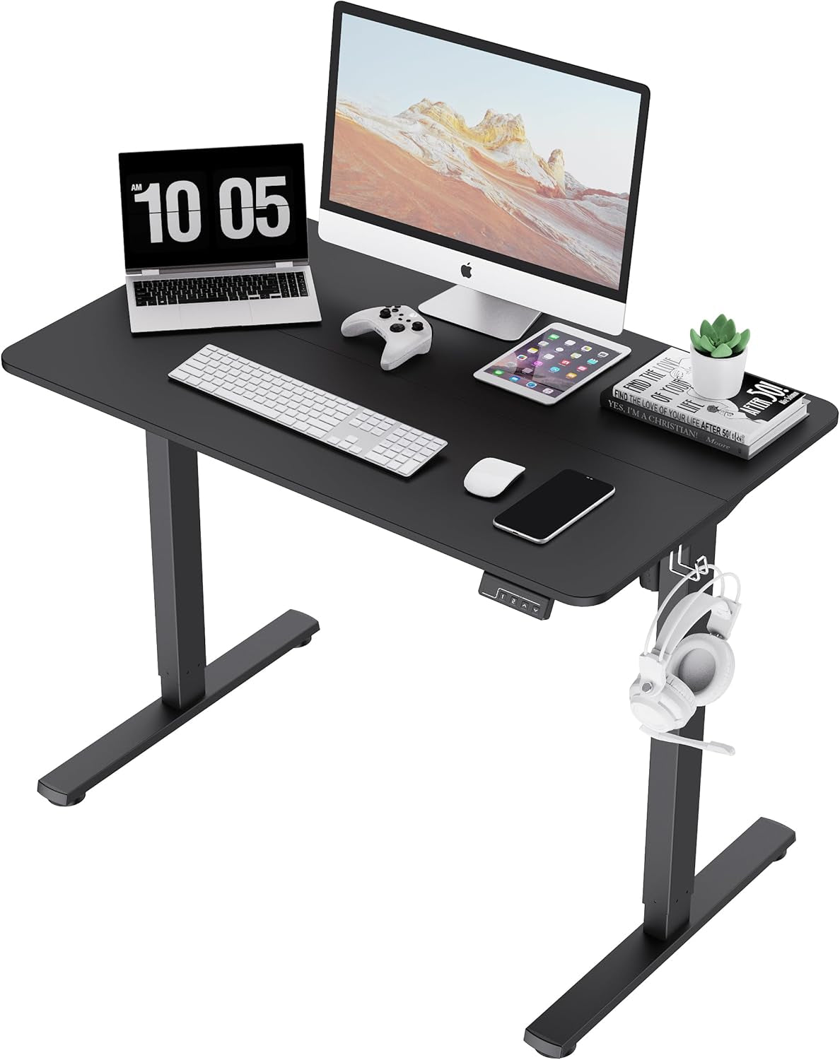 Side angle of DeskCraft Standing Desk showing sleek black design and control panel
