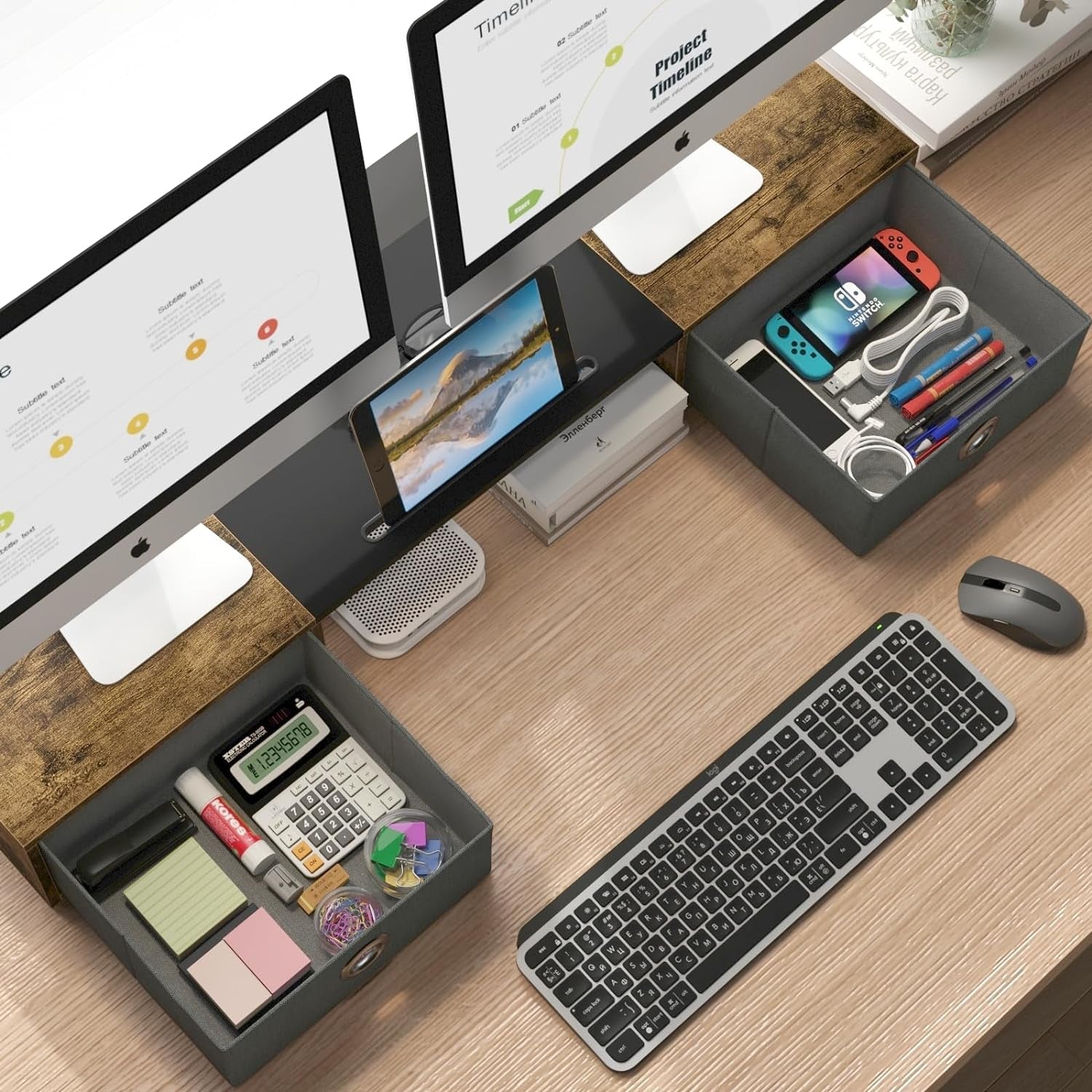 DeskCraft Dual Monitor Riser with Drawers - Premium Home Office Monitor Stand