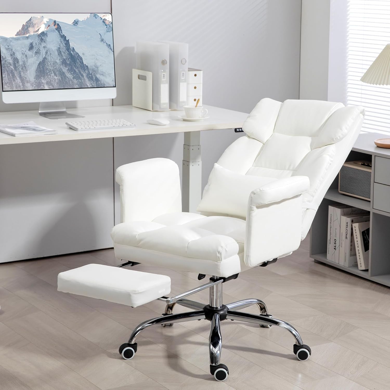 DeskCraft White Ergonomic Chair with Footrest - Premium Home Office Seating
