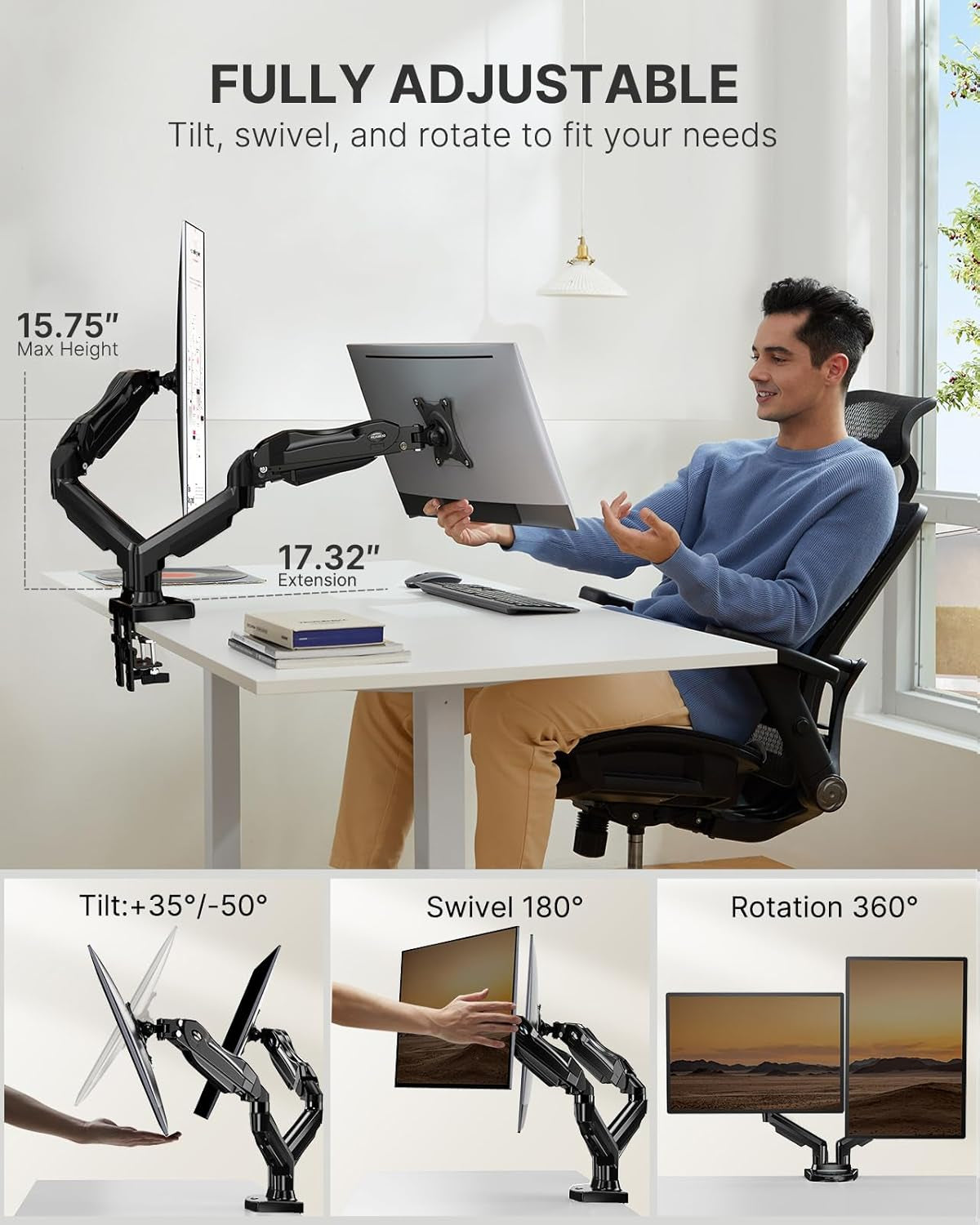 Close-up of DeskCraft monitor mount's adjustable mechanisms